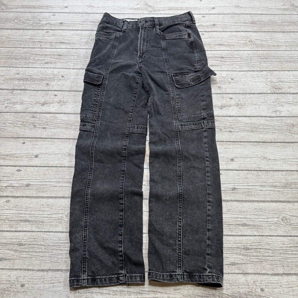 Gap Cargo Jeans Women's 4/27 Black Faded Denim High Rise Straight Leg Utility